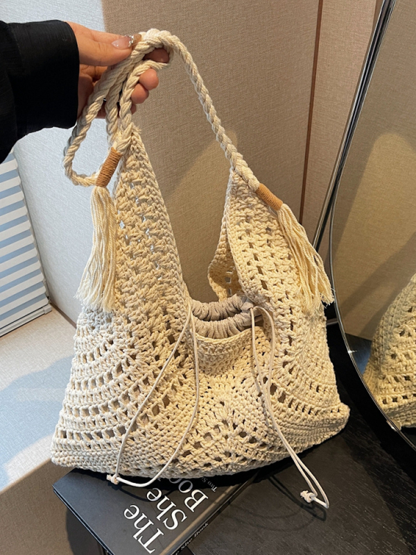 Szabadidős utazási textil tote táska nőknek, húzózsinór zárás, poliészter bélés, dumpling alakú