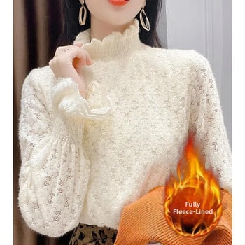 Női flockolt velúr csipkés alapfelső, hosszú ujjú, fél magas gallér, meleg téli 2025