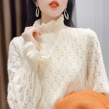 Női flockolt velúr csipkés alapfelső, hosszú ujjú, fél magas gallér, meleg téli 2025