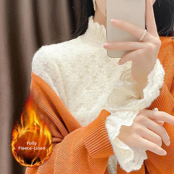 Női flockolt velúr csipkés alapfelső, hosszú ujjú, fél magas gallér, meleg téli 2025