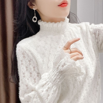 Női flockolt velúr csipkés alapfelső, hosszú ujjú, fél magas gallér, meleg téli 2025