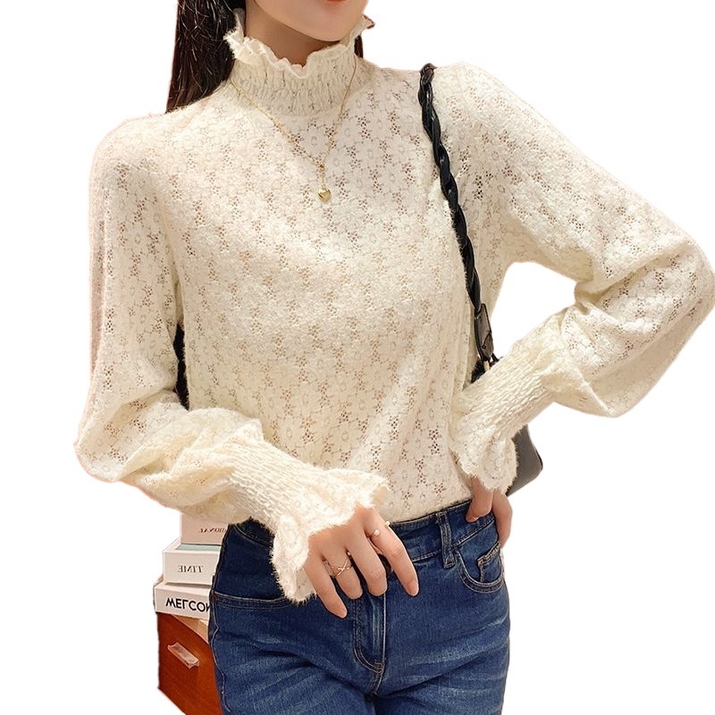 Női flockolt velúr csipkés alapfelső, hosszú ujjú, fél magas gallér, meleg téli 2025