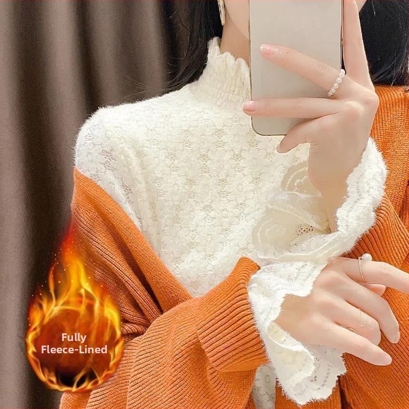 Női flockolt velúr csipkés alapfelső, hosszú ujjú, fél magas gallér, meleg téli 2025