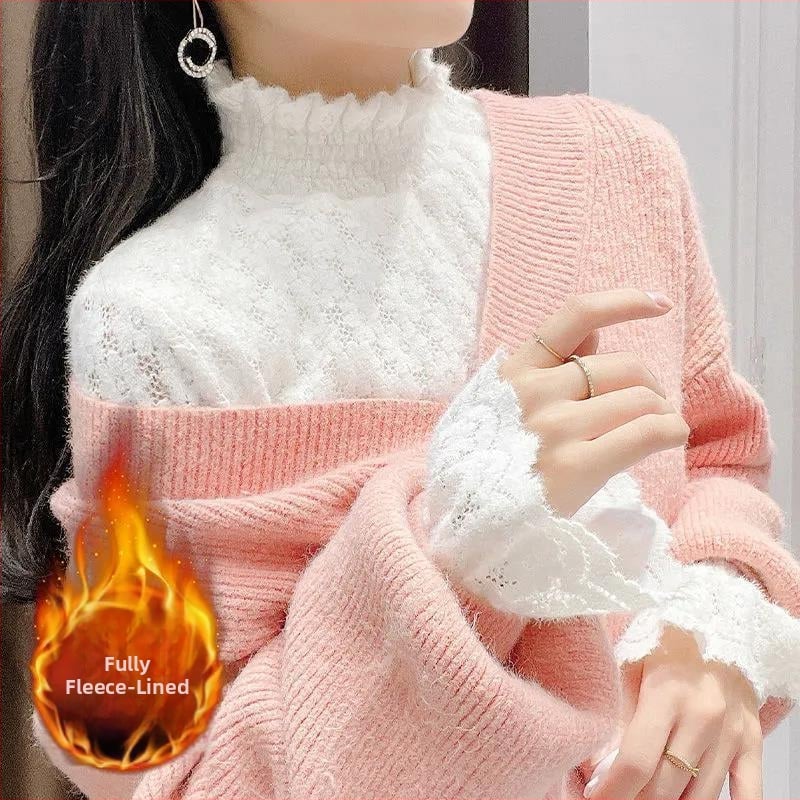 Női flockolt velúr csipkés alapfelső, hosszú ujjú, fél magas gallér, meleg téli 2025