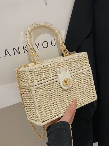 Geantă din hârtie, țesută, formă pătrată verticală, închidere cu lacăt, stil urban simplu