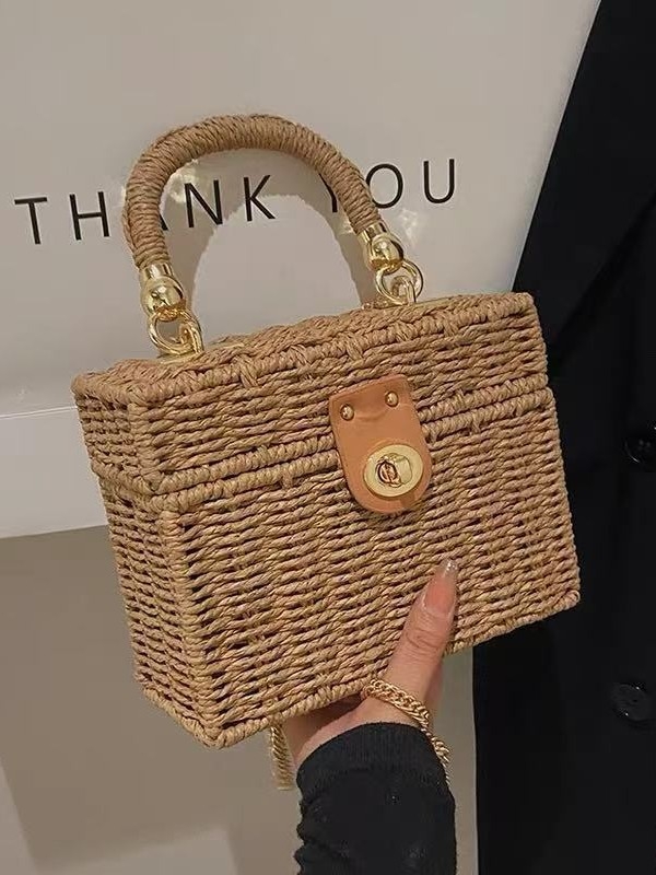 Geantă din hârtie, țesută, formă pătrată verticală, închidere cu lacăt, stil urban simplu