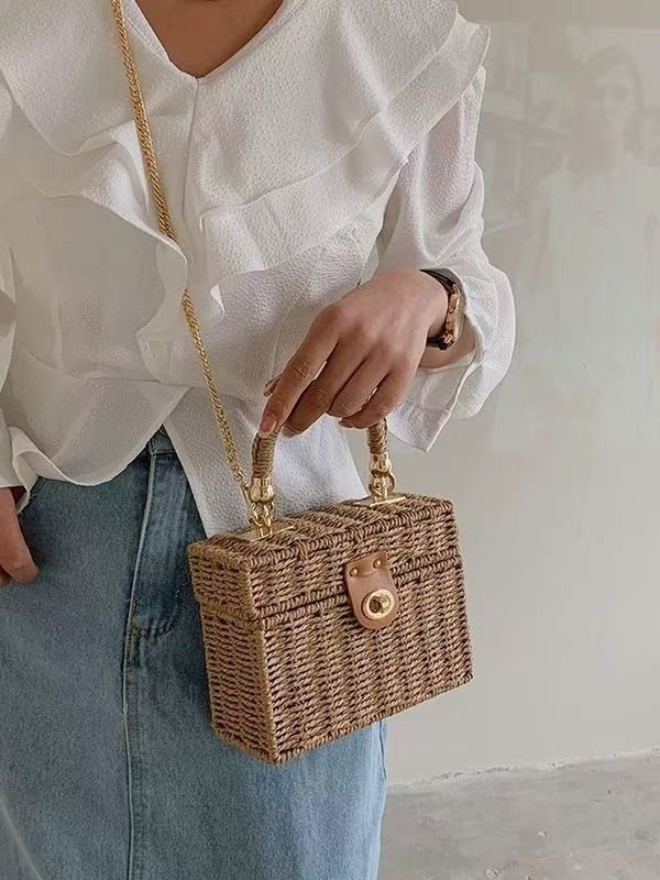 Geantă din hârtie, țesută, formă pătrată verticală, închidere cu lacăt, stil urban simplu