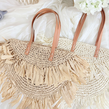 Geantă rotundă din paie, stil tote, unisex, cu buzunar intern cu fermoar, pentru relaxare în timpul călătoriilor