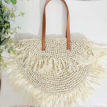 Geantă rotundă din paie, stil tote, unisex, cu buzunar intern cu fermoar, pentru relaxare în timpul călătoriilor