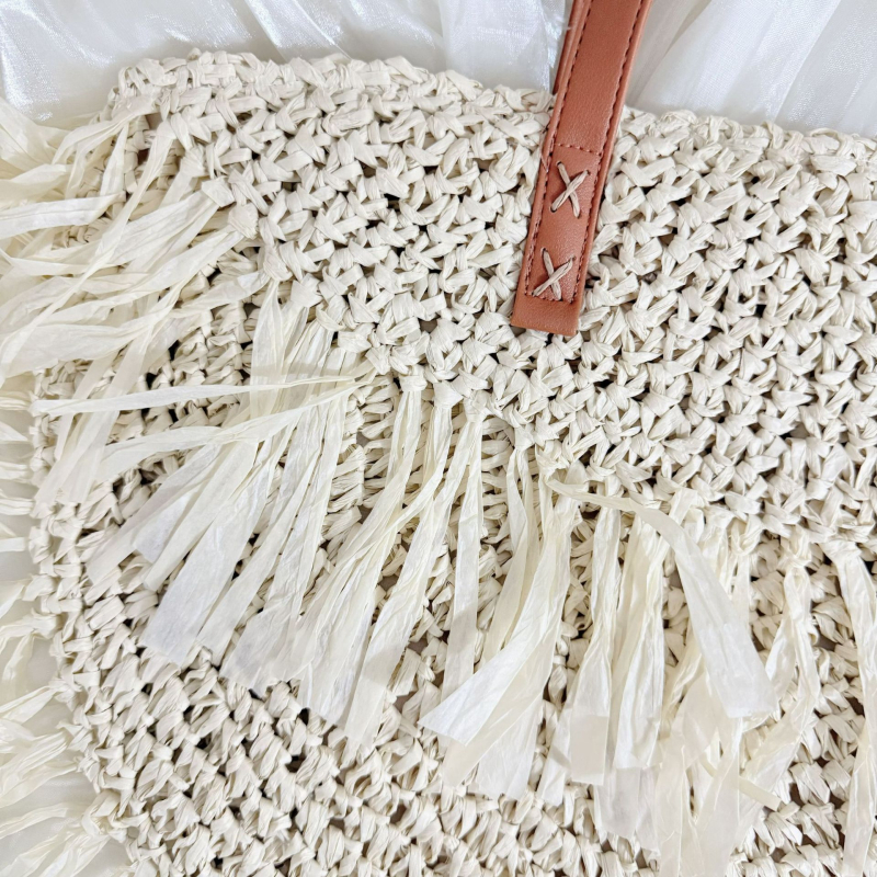 Geantă rotundă din paie, stil tote, unisex, cu buzunar intern cu fermoar, pentru relaxare în timpul călătoriilor