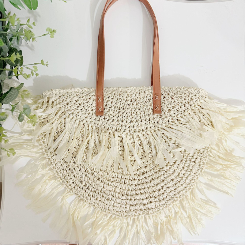 Geantă rotundă din paie, stil tote, unisex, cu buzunar intern cu fermoar, pentru relaxare în timpul călătoriilor