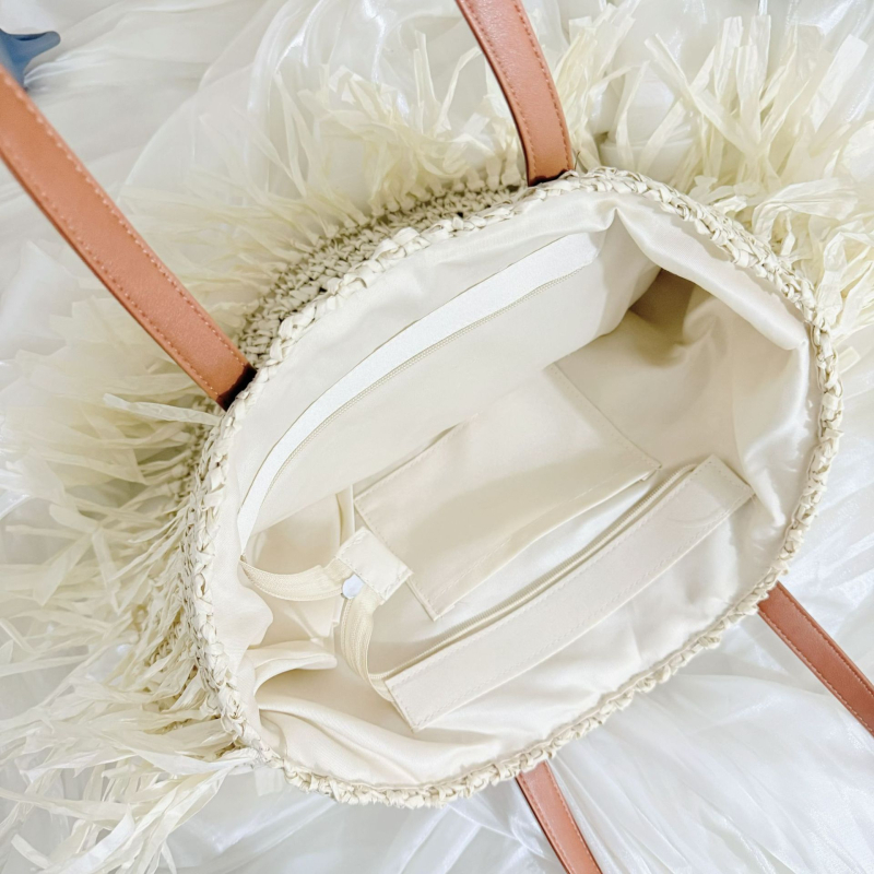 Geantă rotundă din paie, stil tote, unisex, cu buzunar intern cu fermoar, pentru relaxare în timpul călătoriilor