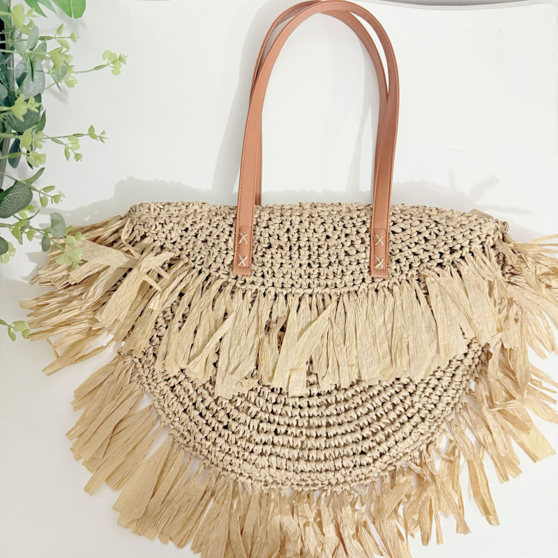 Geantă rotundă din paie, stil tote, unisex, cu buzunar intern cu fermoar, pentru relaxare în timpul călătoriilor