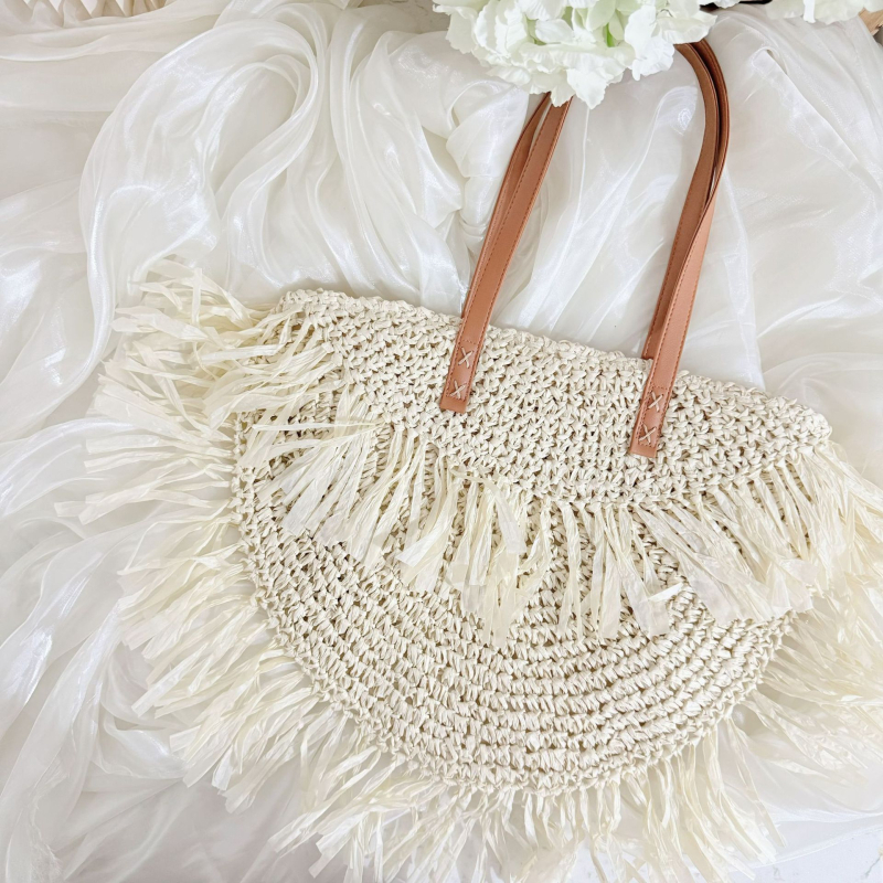 Geantă rotundă din paie, stil tote, unisex, cu buzunar intern cu fermoar, pentru relaxare în timpul călătoriilor