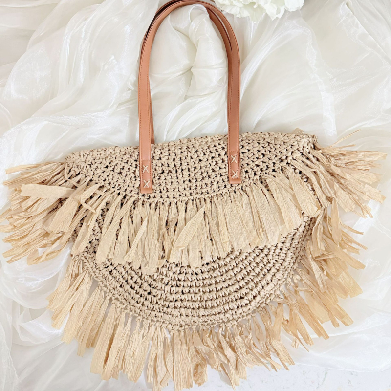 Geantă rotundă din paie, stil tote, unisex, cu buzunar intern cu fermoar, pentru relaxare în timpul călătoriilor