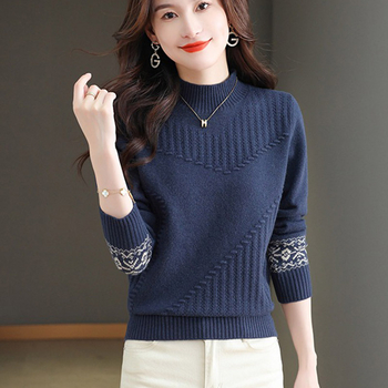 Pulover tricotat pentru femei cu guler pe jumătate înalt, croială lejeră, model jacquard abstract, țesătură groasă, mâneci lungi