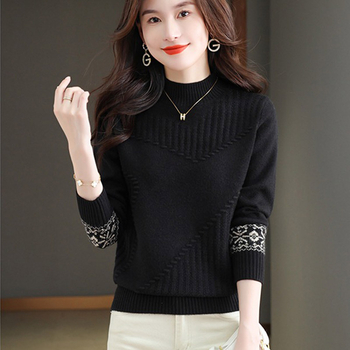 Pulover tricotat pentru femei cu guler pe jumătate înalt, croială lejeră, model jacquard abstract, țesătură groasă, mâneci lungi