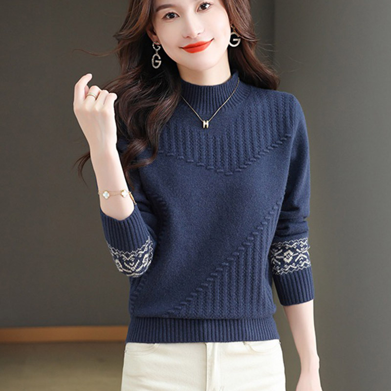 Pulover tricotat pentru femei cu guler pe jumătate înalt, croială lejeră, model jacquard abstract, țesătură groasă, mâneci lungi