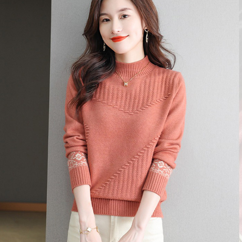 Pulover tricotat pentru femei cu guler pe jumătate înalt, croială lejeră, model jacquard abstract, țesătură groasă, mâneci lungi