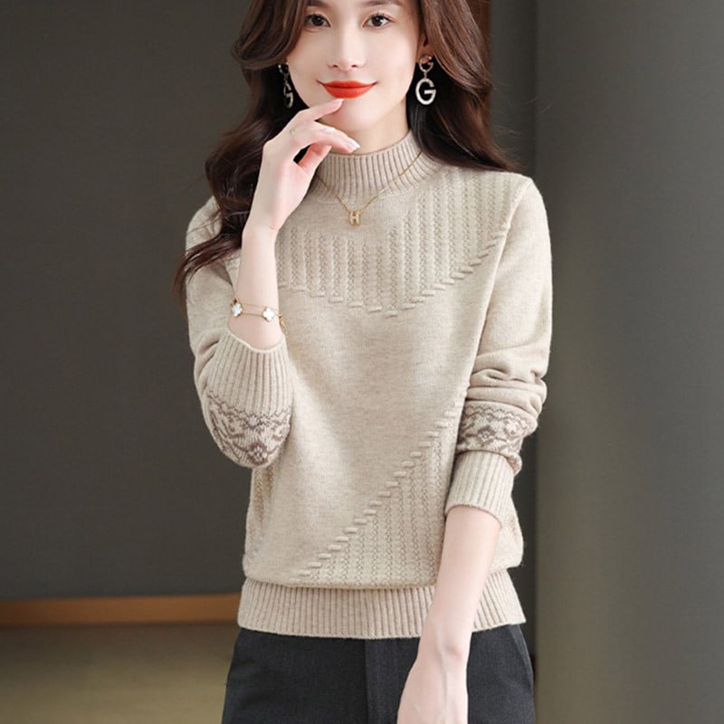 Pulover tricotat pentru femei cu guler pe jumătate înalt, croială lejeră, model jacquard abstract, țesătură groasă, mâneci lungi