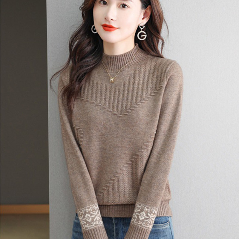 Pulover tricotat pentru femei cu guler pe jumătate înalt, croială lejeră, model jacquard abstract, țesătură groasă, mâneci lungi