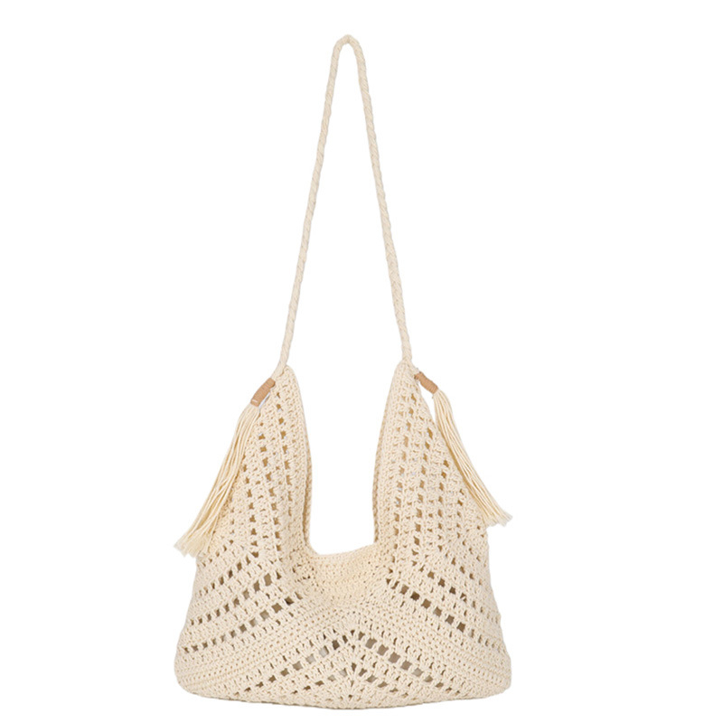 Szalma fonott tote táska – horgolt üreges mintázat, belső zsinóros zseb, friss és édes stílus, nyár 2024