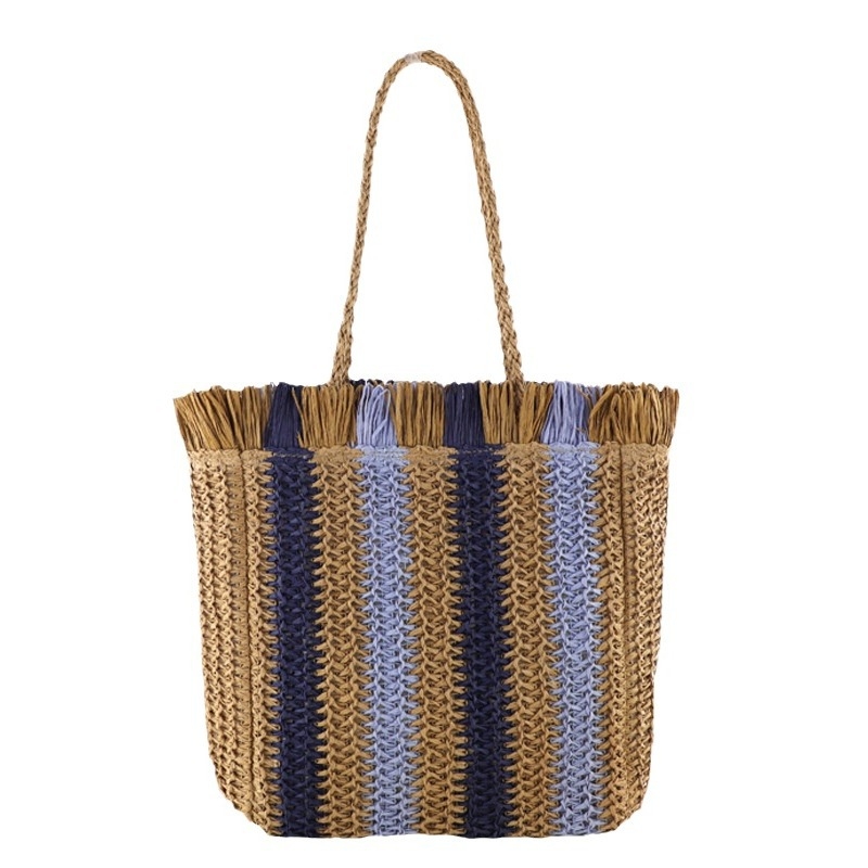 Papírzsinórból készült szalma válltáska — cipzárral, vízszintes négyzet alakú forma, dupla vállpánt, bélés poliészter-pamut