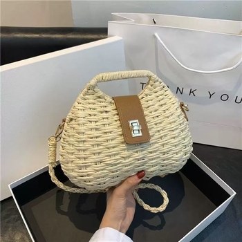 Szalmából készült tote táska fedéllel, ovális forma, poliészter bélés