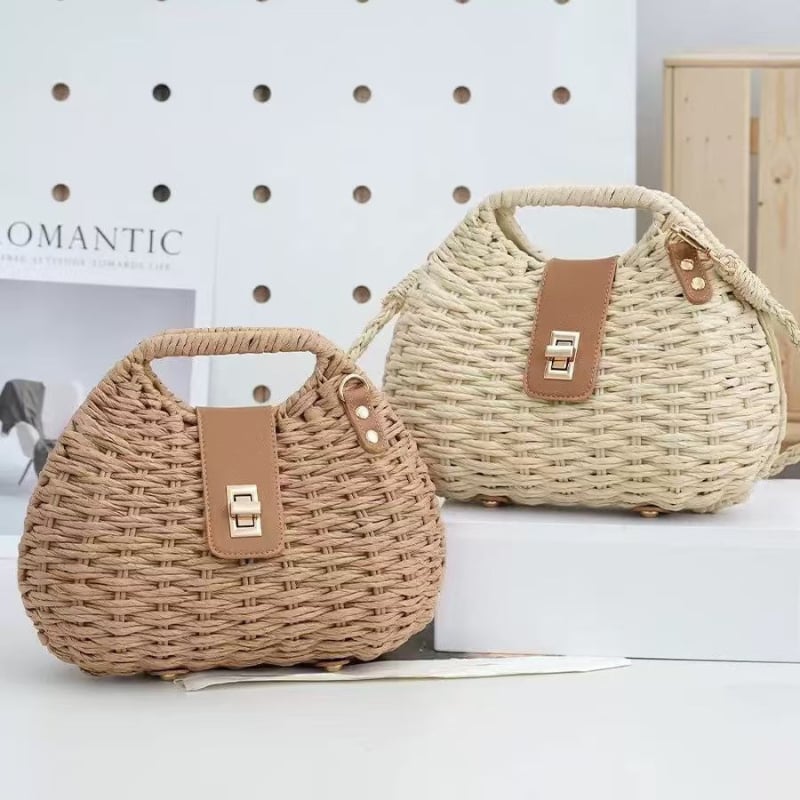 Szalmából készült tote táska fedéllel, ovális forma, poliészter bélés