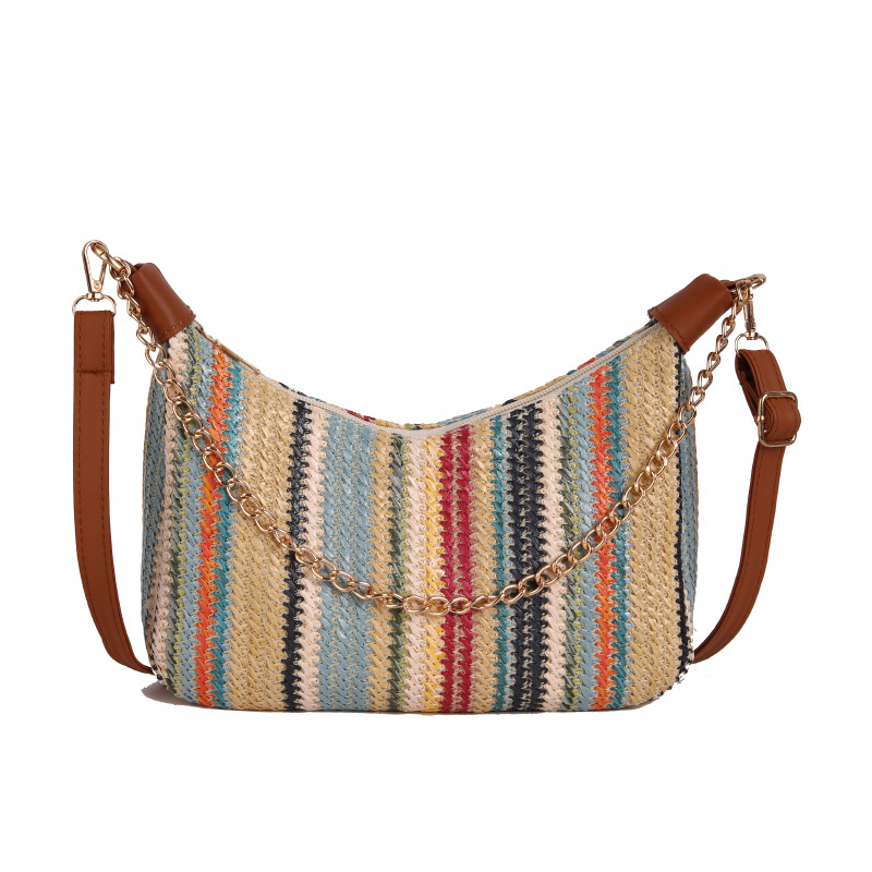 Crossbody torbica od slame, urbani jednostavan stil, vodoravni kvadratni oblik, zatvaranje zipom, unutarnji džepovi za telefon i osobnu iskaznicu