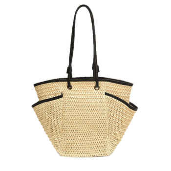 Női kosár táska, szalma anyagból, fonott strandtáska, vízszintes négyzet alakú, cipzáras záródás, belső nylon bélés, belső telefonzseb