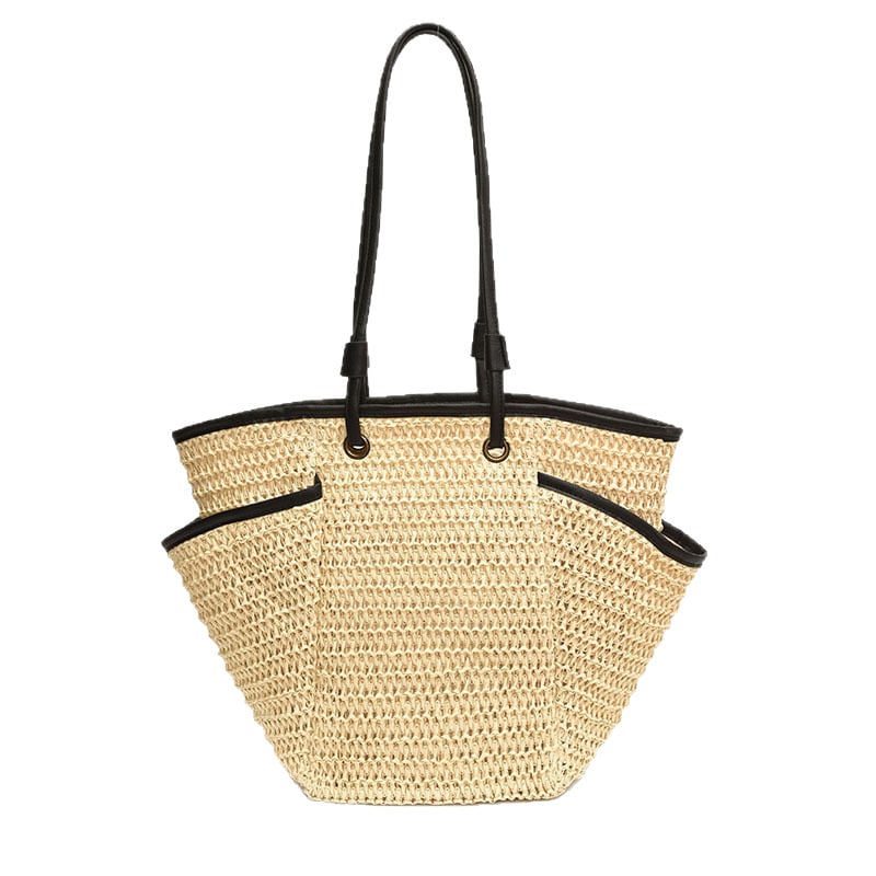 Női kosár táska, szalma anyagból, fonott strandtáska, vízszintes négyzet alakú, cipzáras záródás, belső nylon bélés, belső telefonzseb