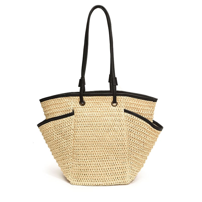 Női kosár táska, szalma anyagból, fonott strandtáska, vízszintes négyzet alakú, cipzáras záródás, belső nylon bélés, belső telefonzseb