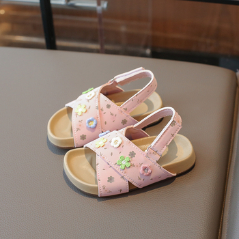 Hercegnő-stílusú gyerek szandál keresztpántokkal, virágos mintázat, PU felsőrész, PU talp, Velcro zár