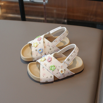 Hercegnő-stílusú gyerek szandál keresztpántokkal, virágos mintázat, PU felsőrész, PU talp, Velcro zár