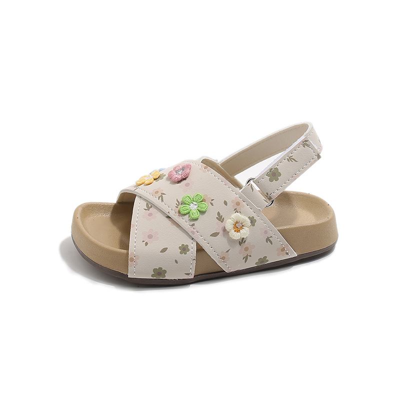 Hercegnő-stílusú gyerek szandál keresztpántokkal, virágos mintázat, PU felsőrész, PU talp, Velcro zár