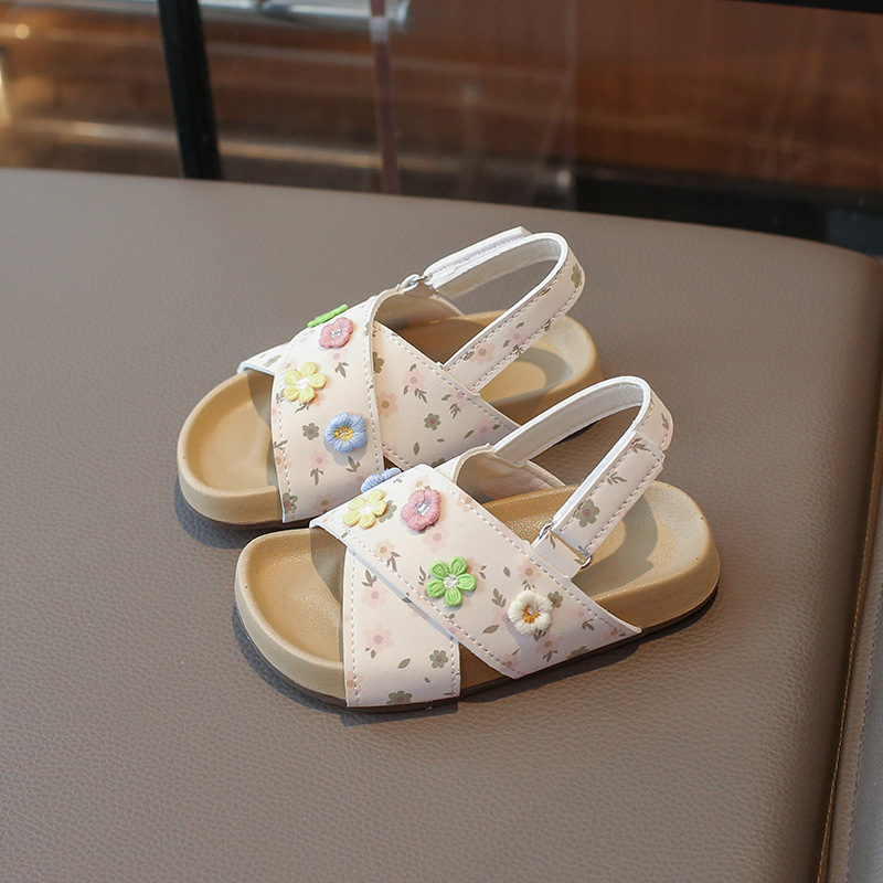 Hercegnő-stílusú gyerek szandál keresztpántokkal, virágos mintázat, PU felsőrész, PU talp, Velcro zár