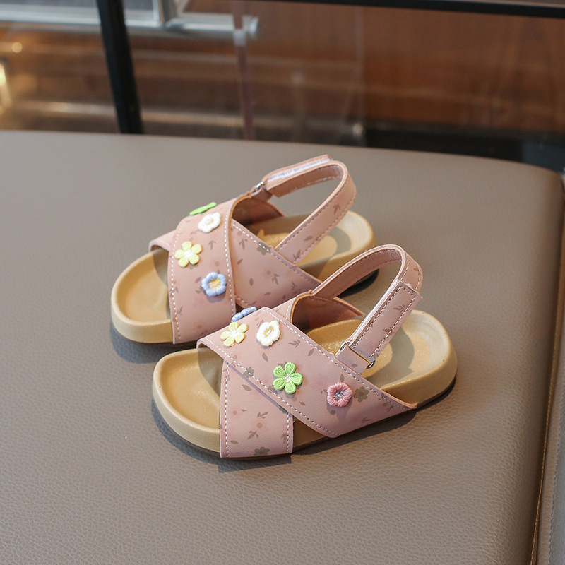 Hercegnő-stílusú gyerek szandál keresztpántokkal, virágos mintázat, PU felsőrész, PU talp, Velcro zár