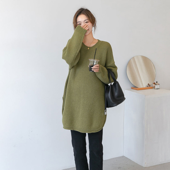 Τοπ για εγκύους από πλέξιμο – μονόχρωμο, στρογγυλό λαιμό, μακριά μανίκια, πολυεστέρας 95%+, casual στυλ ιαπωνο-κορεατικό