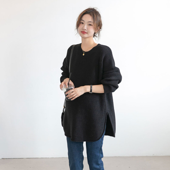 Τοπ για εγκύους από πλέξιμο – μονόχρωμο, στρογγυλό λαιμό, μακριά μανίκια, πολυεστέρας 95%+, casual στυλ ιαπωνο-κορεατικό