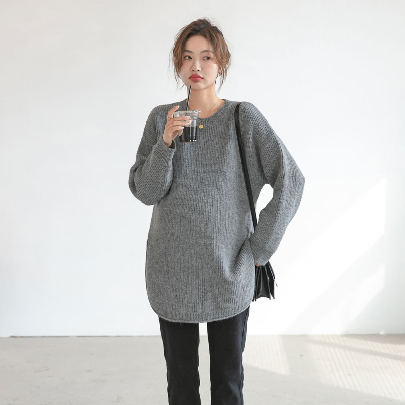 Τοπ για εγκύους από πλέξιμο – μονόχρωμο, στρογγυλό λαιμό, μακριά μανίκια, πολυεστέρας 95%+, casual στυλ ιαπωνο-κορεατικό