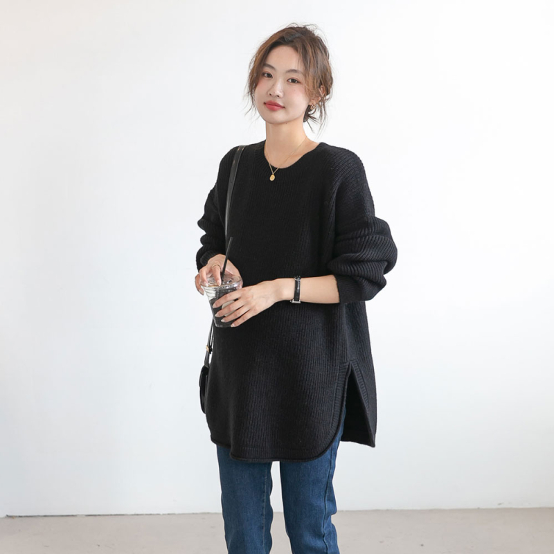 Τοπ για εγκύους από πλέξιμο – μονόχρωμο, στρογγυλό λαιμό, μακριά μανίκια, πολυεστέρας 95%+, casual στυλ ιαπωνο-κορεατικό