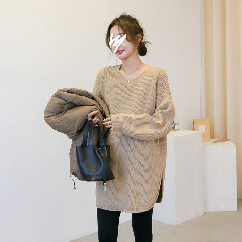 Τοπ για εγκύους από πλέξιμο – μονόχρωμο, στρογγυλό λαιμό, μακριά μανίκια, πολυεστέρας 95%+, casual στυλ ιαπωνο-κορεατικό