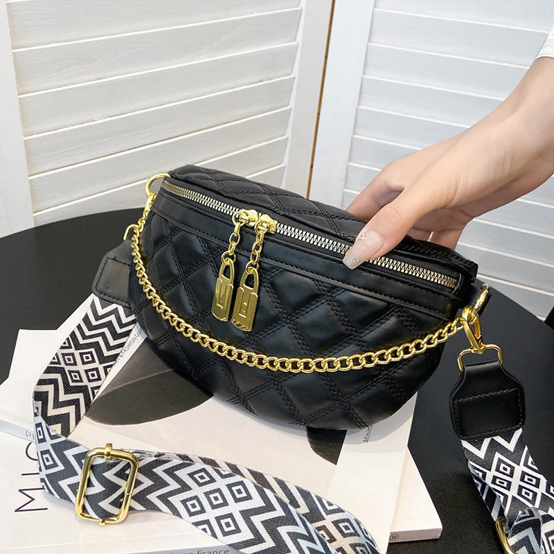 Női láncos crossbody táska Chanel-stílusban - nyár 2025, PU bőr, cipzár, belső poliészter bélés, telefonrekesz