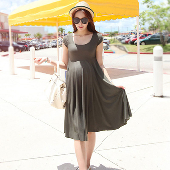 Φφόρεμα εγκυμοσύνης midi με στρογγυλό λαιμό, κοντά μανίκια, 95% βαμβάκι, μονόχρωμο