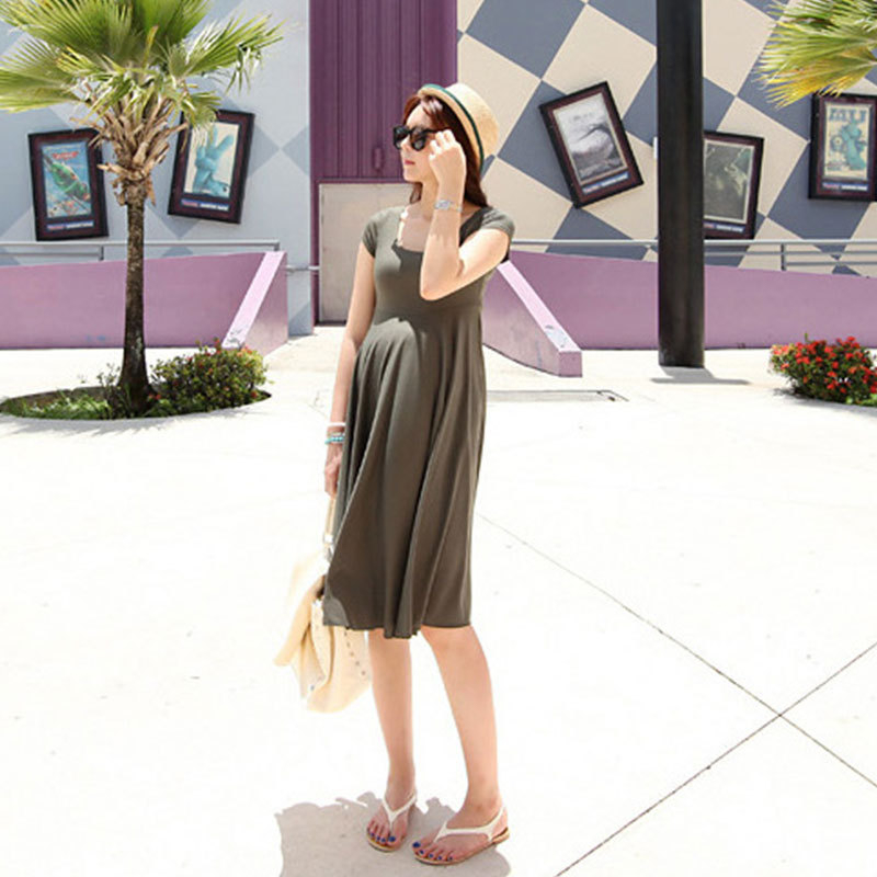 Φφόρεμα εγκυμοσύνης midi με στρογγυλό λαιμό, κοντά μανίκια, 95% βαμβάκι, μονόχρωμο