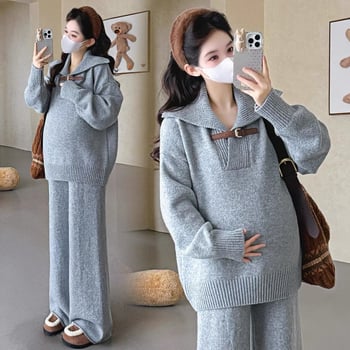 UNMUN kismama szett: kötött felső kasmírszálas gyapjúból és széles nadrág, hosszú ujjak, galléros címke, fő szövet PVC