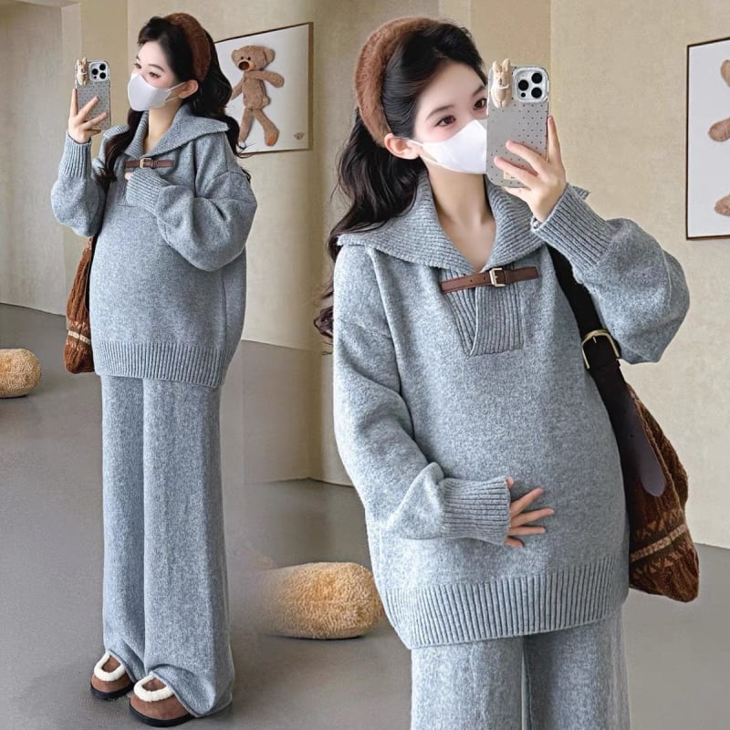 UNMUN kismama szett: kötött felső kasmírszálas gyapjúból és széles nadrág, hosszú ujjak, galléros címke, fő szövet PVC