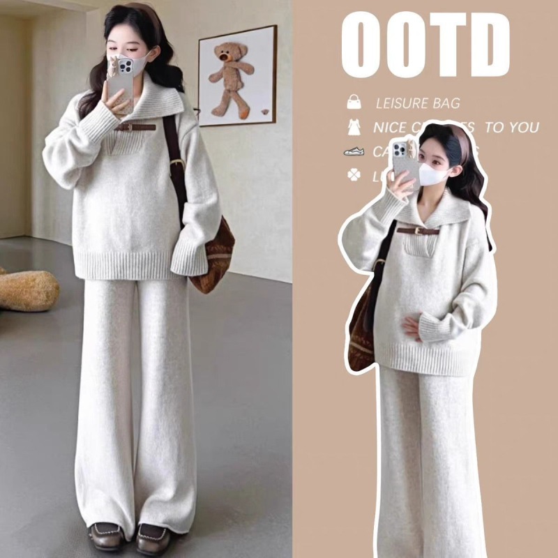 UNMUN kismama szett: kötött felső kasmírszálas gyapjúból és széles nadrág, hosszú ujjak, galléros címke, fő szövet PVC