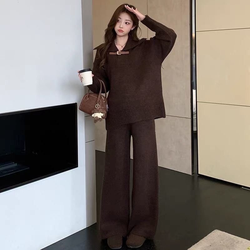 UNMUN kismama szett: kötött felső kasmírszálas gyapjúból és széles nadrág, hosszú ujjak, galléros címke, fő szövet PVC